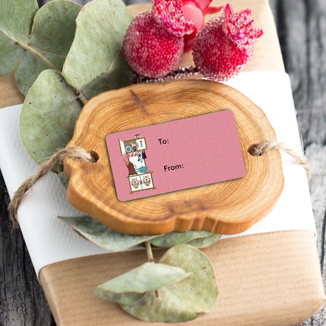 Étiquette Pot café vintage Antique Retro (Gift tag / label / sticker with vintage old time cooking stove on pink.)