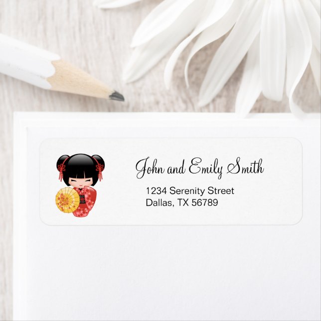 Étiquette Poupée Rouge Sakura Kokeshi - Cute Japonaise Geish (En situation)