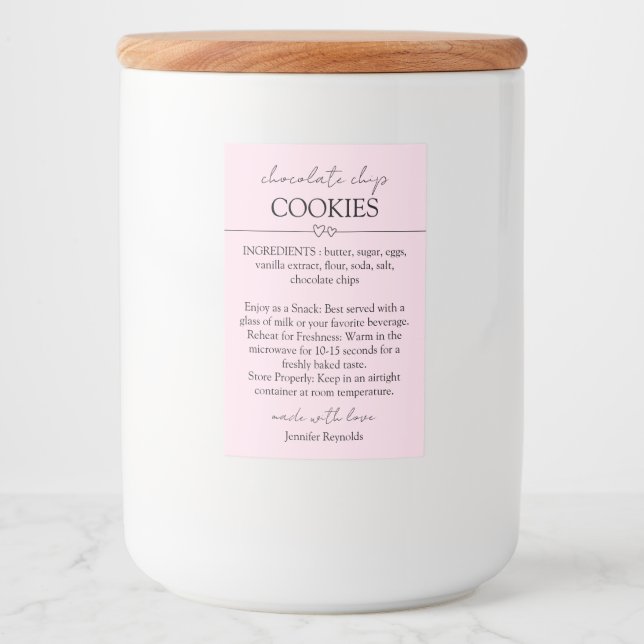 Étiquette Pour Bocaux Chocolat Chip Cookie rose simple (Devant)