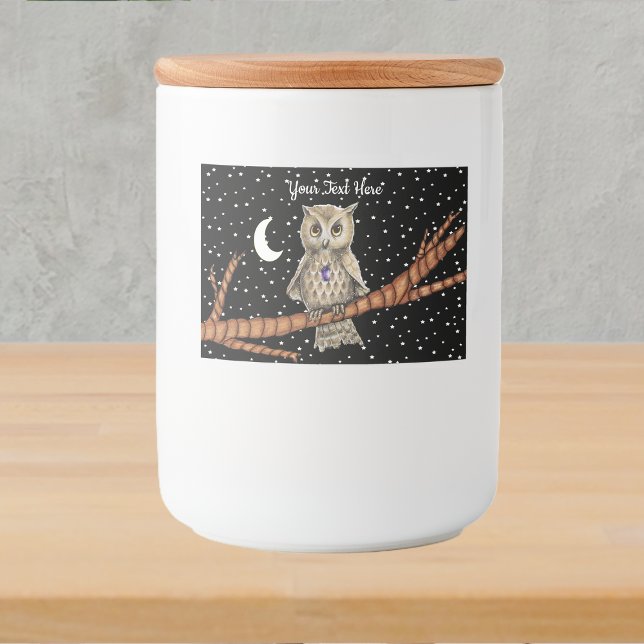 Étiquette Pour Bocaux Chouette Collier en cristal violet Golden Eyes Moo (Owl golden eyes crystal necklace on branch moon stars in black night sky on food label.)