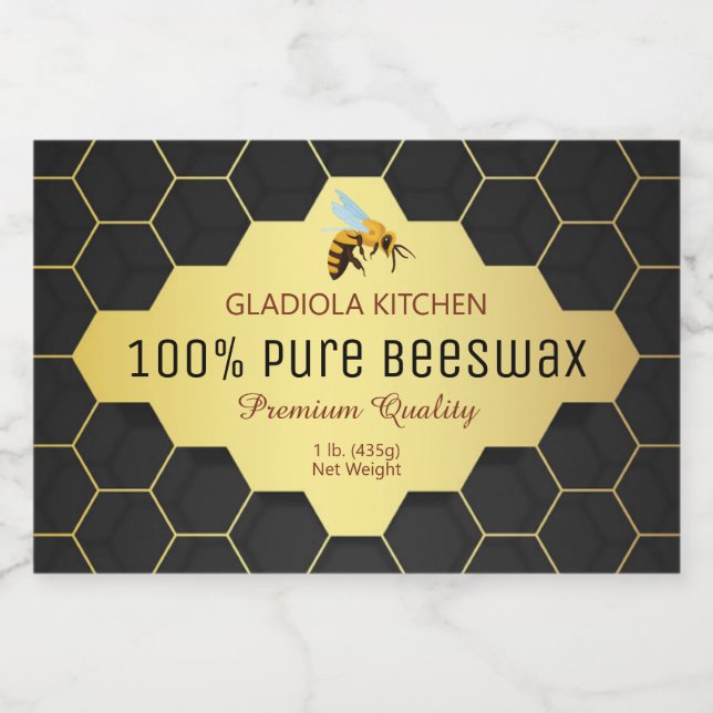 Étiquette Pour Bocaux Cire d'abeille et miel noir et or (Étiquettes simples)