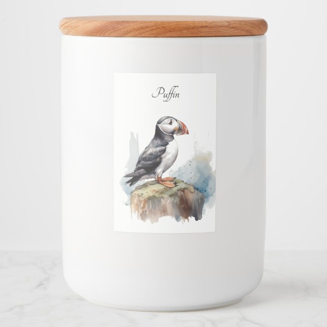 Étiquette Pour Bocaux Cute Puffin sur une roche aquarelle (Devant)