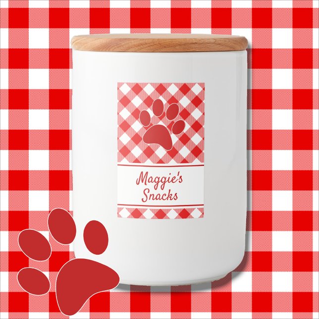 Étiquette Pour Bocaux Cute Red White Gingham Checkered Pattern Paw Name (Créateur téléchargé)