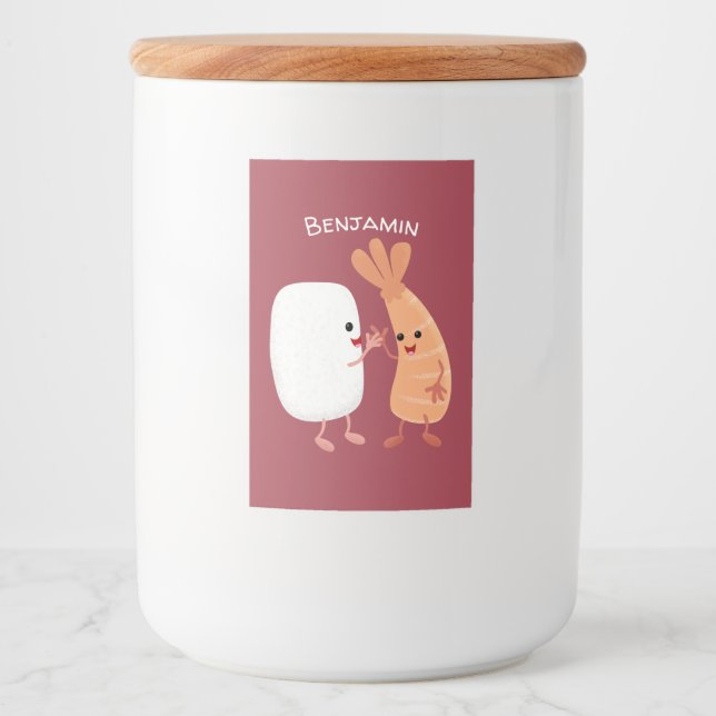 Étiquette Pour Bocaux Cute sushi riz crevettes amis dessin animé (Devant)