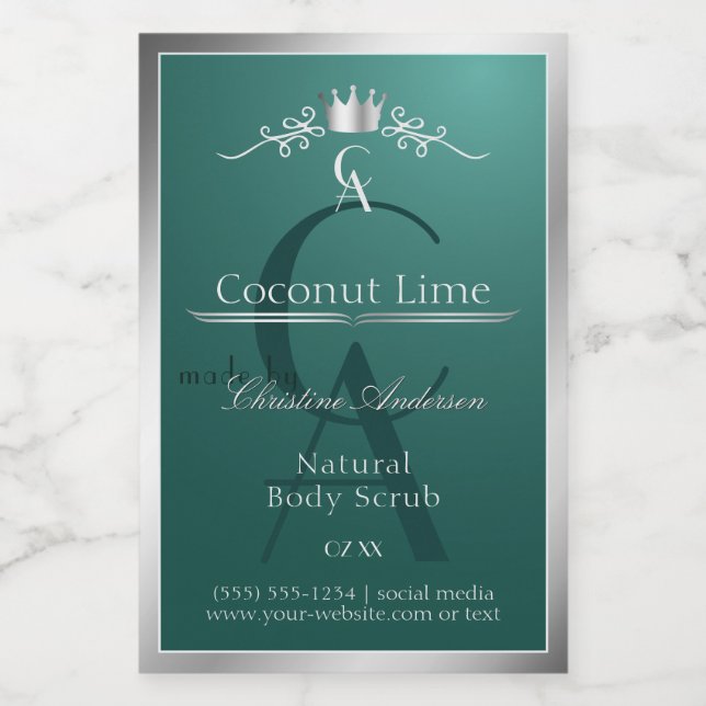 Étiquette Pour Bocaux Dark Teal Product Label with Silver Frame Monogram (Étiquettes simples)