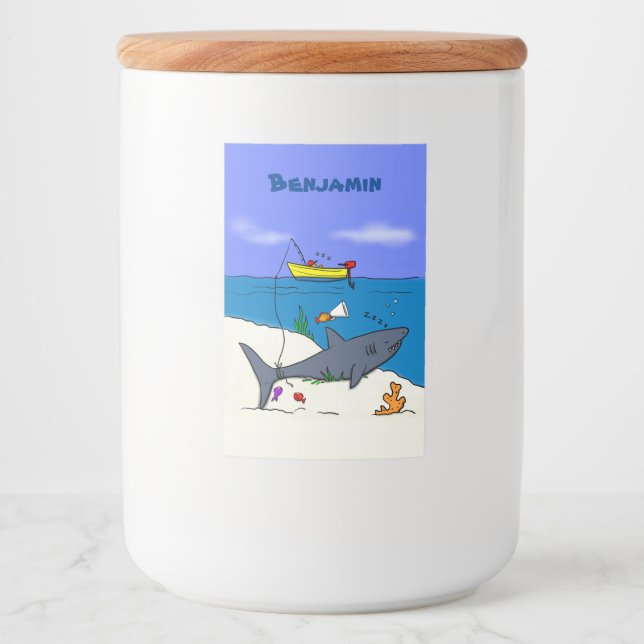 Étiquette Pour Bocaux Drôle requin couché et dessin animé de pêche (Devant)