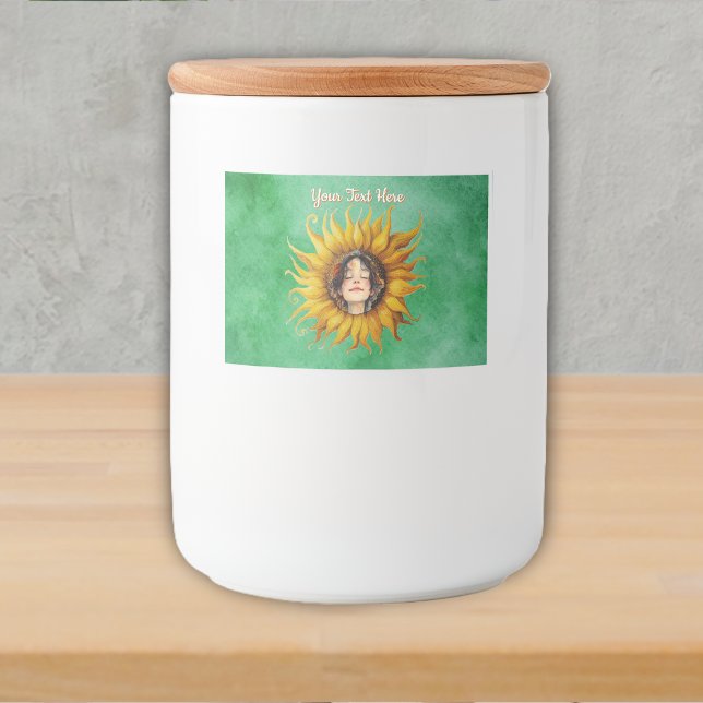 Étiquette Pour Bocaux Face of Smiling Girl Brown Hair Yellow Sunflower (Smiling girls face in big yellow sunflower on shades of green food jar label.)