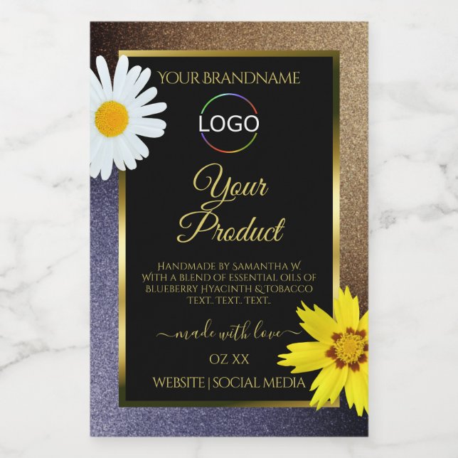 Étiquette Pour Bocaux Floral Brown Parties scintillant bleue Noir Logo d (Étiquettes simples)