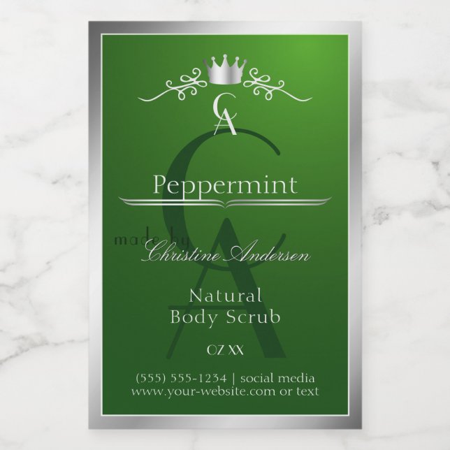 Étiquette Pour Bocaux Forest Green Product Label Silver Frame Monogram (Étiquettes simples)