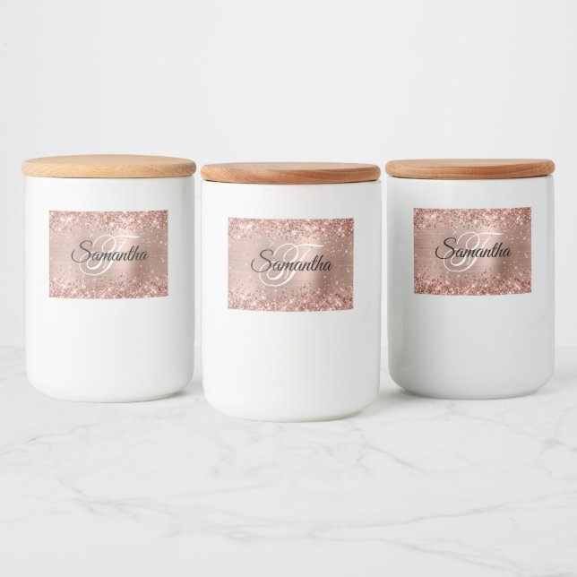 Étiquette Pour Bocaux Glitter Rose Gold Glam Fancy Monogramme (Bouteilles)