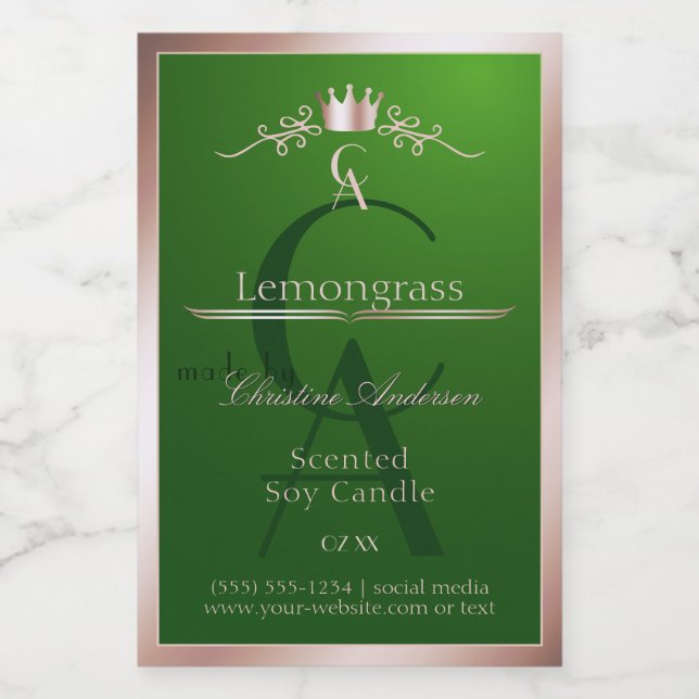 Étiquette Pour Bocaux Grass Green Product Label Rose Gold Frame Monogram (Étiquettes simples)