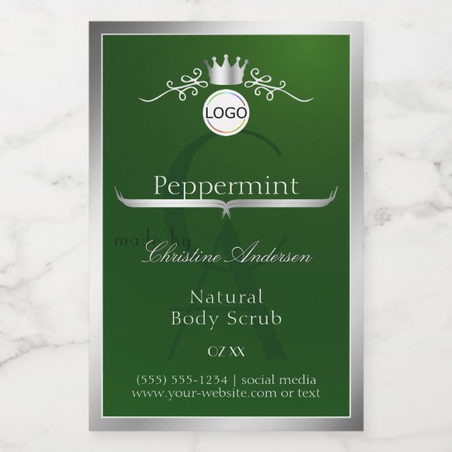 Étiquette Pour Bocaux Green Product Label Silver Frame Logo and Monogram (Étiquettes simples)