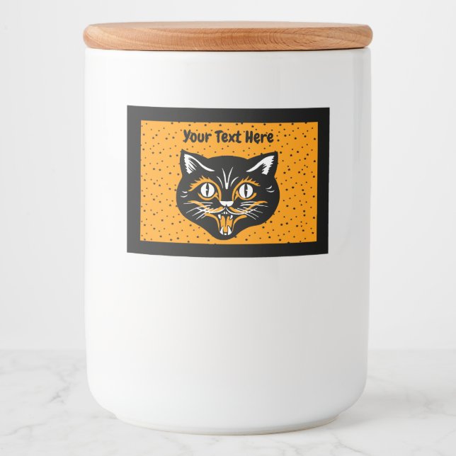 Étiquette Pour Bocaux Halloween Chat visage noir orange blanc sur étoile (Devant)