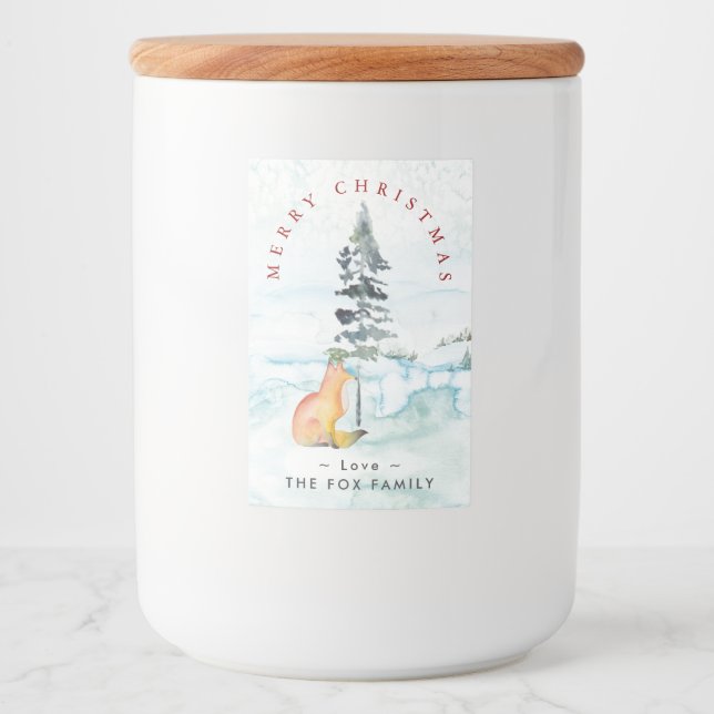 Étiquette Pour Bocaux Joyeux voeux de Noël Aquarelle Renard d'hiver (Devant)
