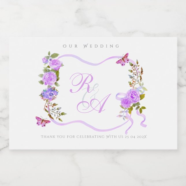 Étiquette Pour Bocaux Monogramme de mariage au ruban violet (Étiquettes simples)