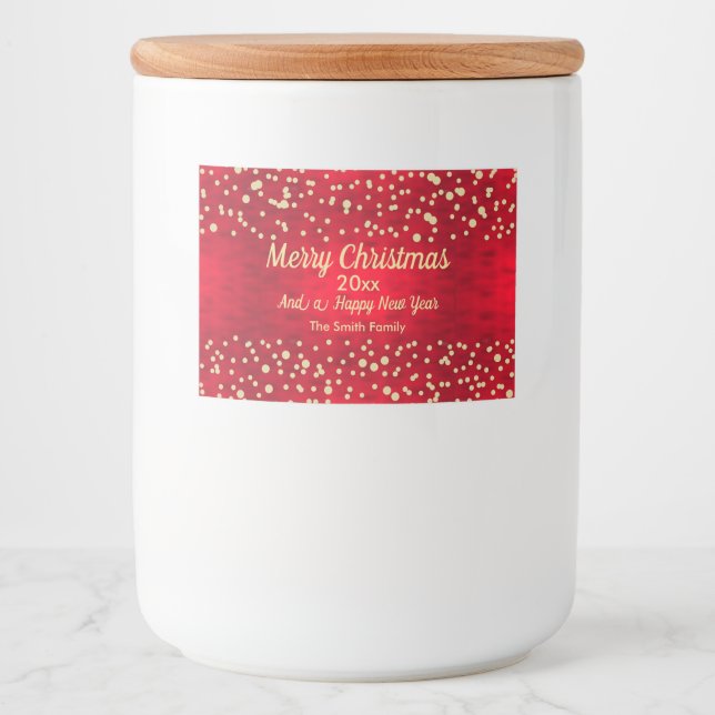 Étiquette Pour Bocaux Motif de Noël Confetti rouge et or (Devant)