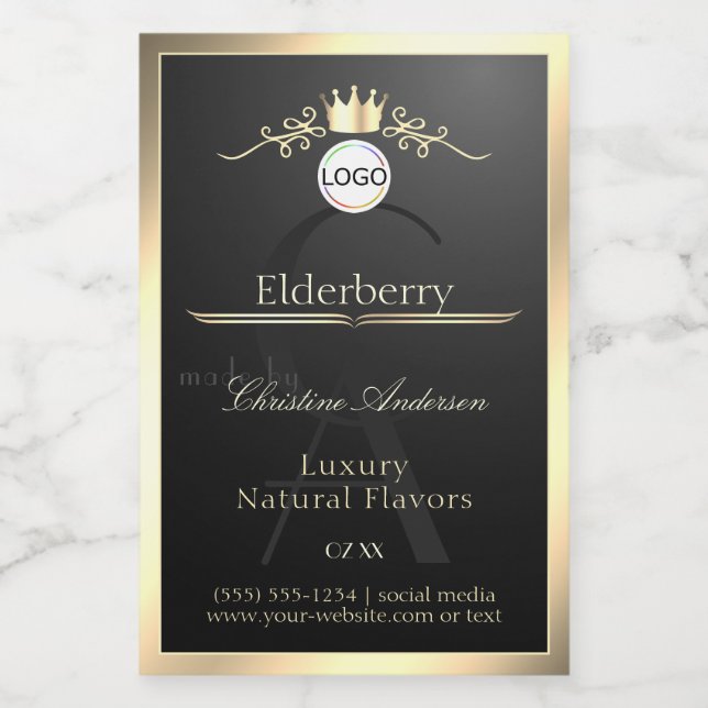 Étiquette Pour Bocaux Noble Black Product Label Gold Frame Logo Monogram (Étiquettes simples)