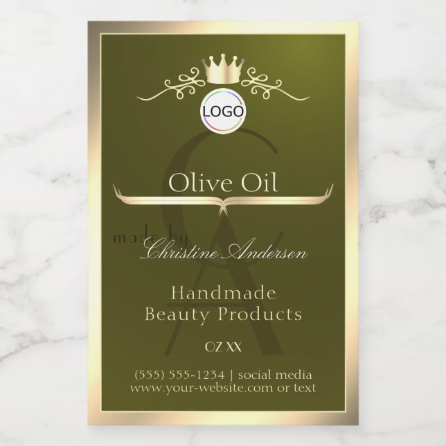 Étiquette Pour Bocaux Olive Green Product Label Gold Frame Logo Monogram (Étiquettes simples)