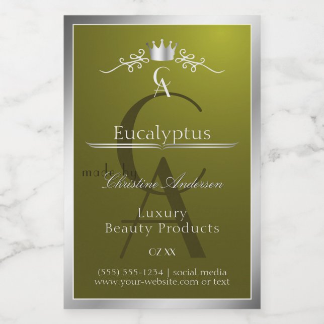 Étiquette Pour Bocaux Olive Green Product Label Silver Frame Monogram (Étiquettes simples)