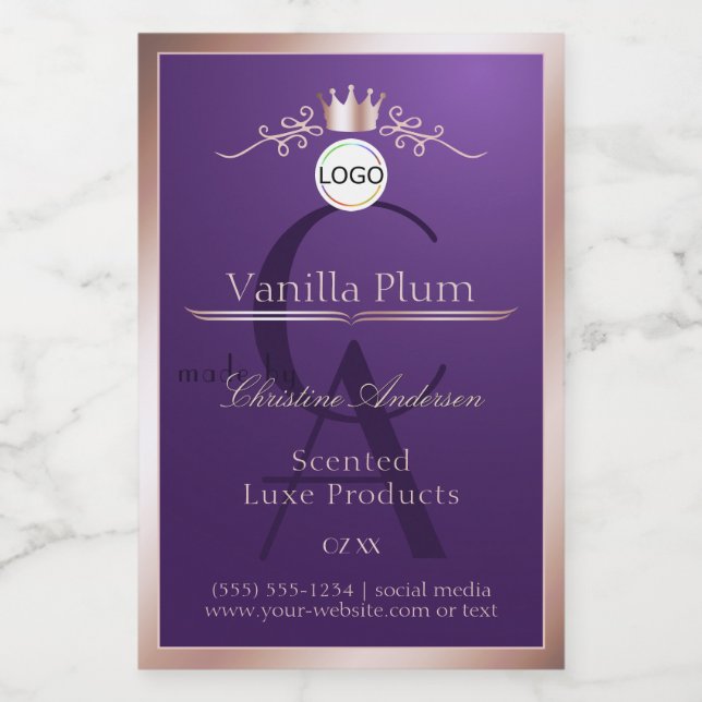 Étiquette Pour Bocaux Purple Product Label Rose Gold Frame Logo Monogram (Étiquettes simples)