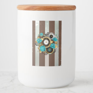 Étiquette Pour Bocaux Steampunk Clock and Turquoise Roses on Striped