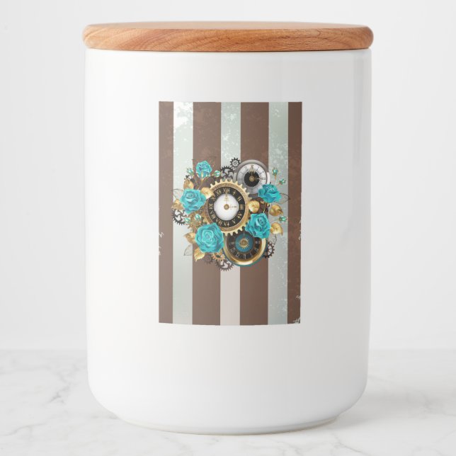 Étiquette Pour Bocaux Steampunk Clock and Turquoise Roses on Striped (Devant)