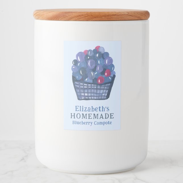Étiquette Pour Bocaux Watercolor Blueberry Basket Custom Homemade Jam (Devant)