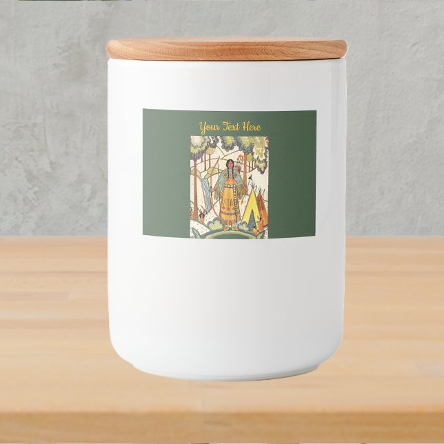 Étiquette Pour Bocaux Western American Indian Lady Woods Dark Green (Western American Indian lady embroidery texture in woods waterfall tepee on green food jar label.)