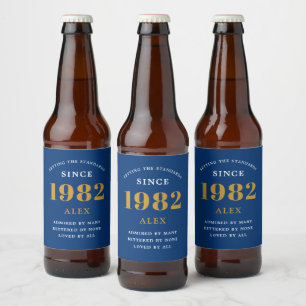 Étiquette Pour Bouteilles De Bière 40e anniversaire Nom 1982 Blue Gold Elegant Chic