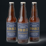 Étiquette Pour Bouteilles De Bière 40th Birthday Born 1983 Ajouter Nom Blue Gold<br><div class="desc">Anniversaire personnalisé ajoutez votre nom et étiquette de bière année. Modifiez le nom et l'année avec le modèle fourni. Un magnifique accessoire de fête d'anniversaire bleu personnalisé. Plus de cadeaux et de fournitures de fête disponibles avec le design "de normes de fixation" dans le magasin.</div>