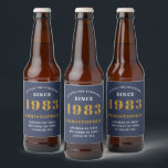 Étiquette Pour Bouteilles De Bière 40th Birthday Born 1983 Ajouter Nom Blue Gold<br><div class="desc">Anniversaire personnalisé ajoutez votre nom et étiquette de bière année. Modifiez le nom et l'année avec le modèle fourni. Un magnifique accessoire de fête d'anniversaire bleu personnalisé. Plus de cadeaux et de fournitures de fête disponibles avec le design "de normes de fixation" dans le magasin.</div>