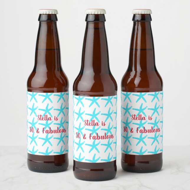 Étiquette Pour Bouteilles De Bière 50 & Fabuleux Anniversaire Bleu Starfish Motif mig (Bouteilles)