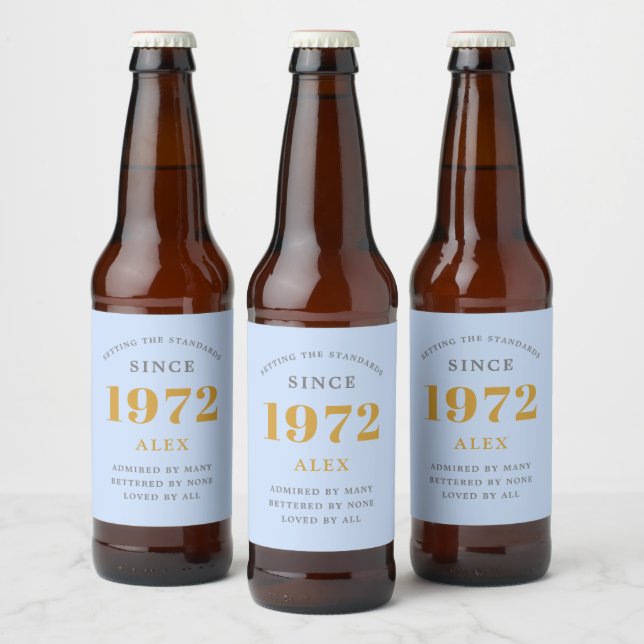 Étiquette Pour Bouteilles De Bière 50e anniversaire Nom 1972 Blue Grey Elegant Chic (Bouteilles)