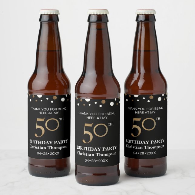 Étiquette Pour Bouteilles De Bière 50e anniversaire, thème or et noir, merci (Bouteilles)