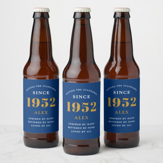 Étiquette Pour Bouteilles De Bière 70e anniversaire Nom 1952 Blue Gold Elegant Chic (Bouteilles)