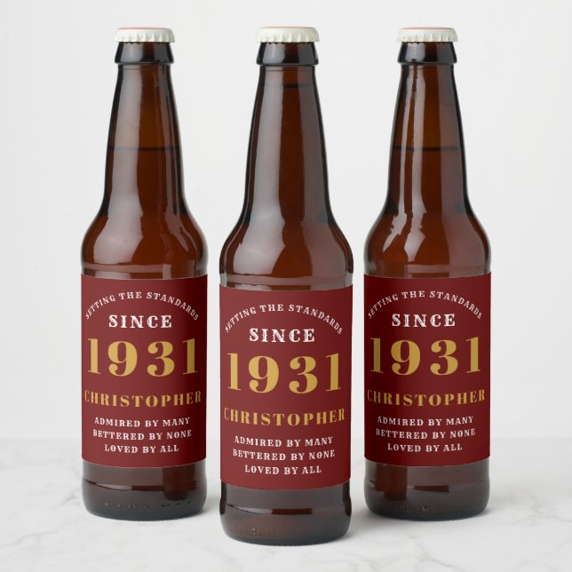 Étiquette Pour Bouteilles De Bière 90e anniversaire 1931 Red Gold Retro Personnalisé (Bouteilles)