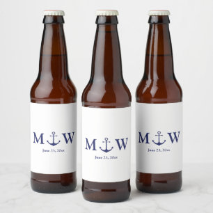 Étiquette Pour Bouteilles De Bière ancre nautique mariage marine bleu blanc monogramm