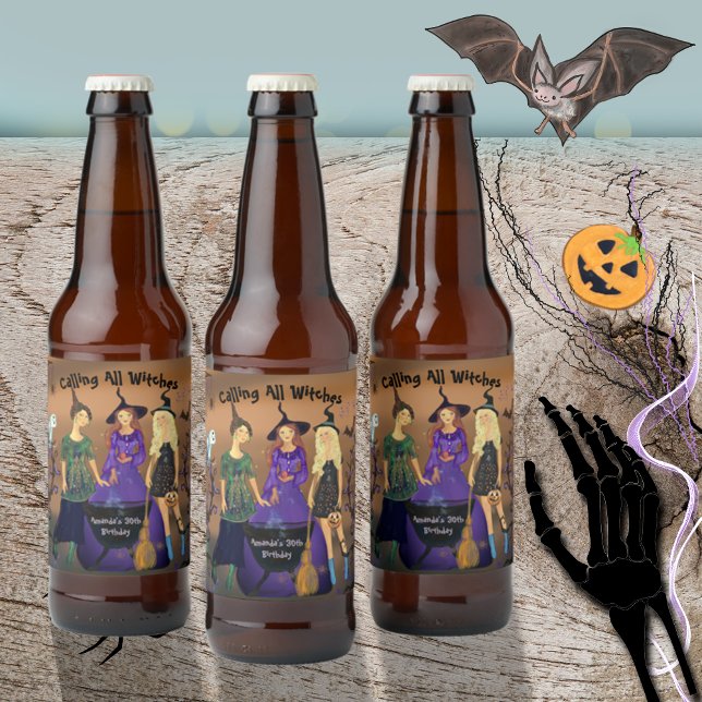 Étiquette Pour Bouteilles De Bière Appel à toutes les sorcières Halloween Anniversair (Calling All Witches Halloween Birthday Beer Bottle Label)