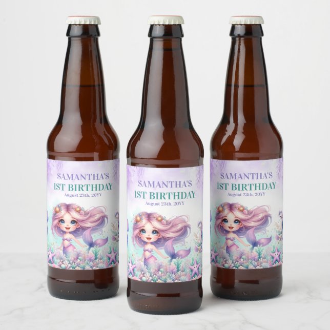 Étiquette Pour Bouteilles De Bière Aquarelle couleur violet sirène 1er anniversaire (Bouteilles)