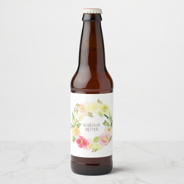 Étiquette Pour Bouteilles De Bière Aquarelle rose et jaune couronne florale | MARIAGE (Devant)