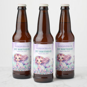 Étiquette Pour Bouteilles De Bière Aquarelle turquoise violet sirène 1er anniversaire