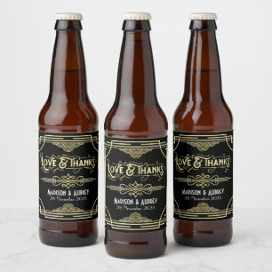 Étiquette Pour Bouteilles De Bière Art Déco Mariage Amour & Merci Gold Black Faveur