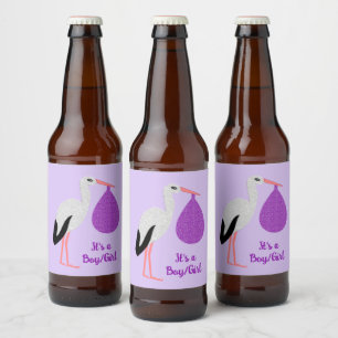Étiquette Pour Bouteilles De Bière Bébé Cigogne Personnalisé de genre neutre Violet