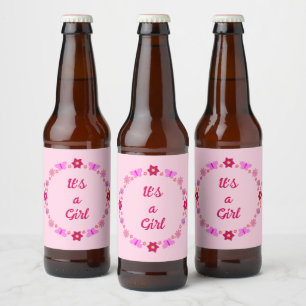 Étiquette Pour Bouteilles De Bière Bébé rose Papillons et fleurs personnalisés