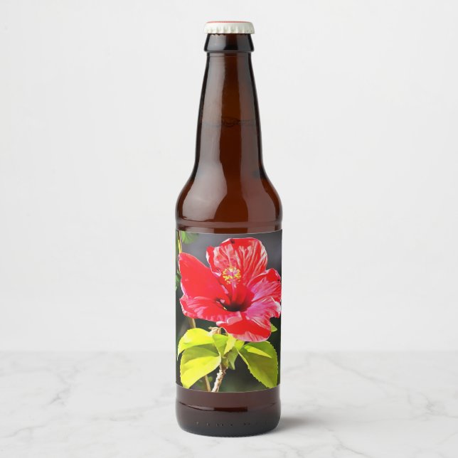 Étiquette Pour Bouteilles De Bière Belle Fleur d'Hibiscus Tropical Rouge Artistique (Devant)
