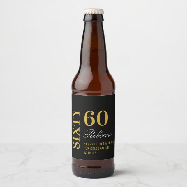 Étiquette Pour Bouteilles De Bière Black & Gold Script 60th Birthday Cocktail Party (Devant)