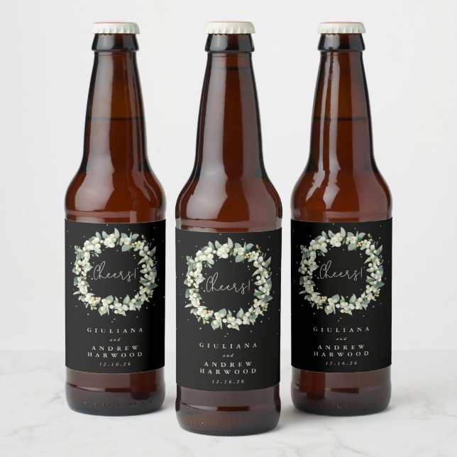 Étiquette Pour Bouteilles De Bière Black Snowberry+Eucalyptus Mariage d'hiver (Bouteilles)