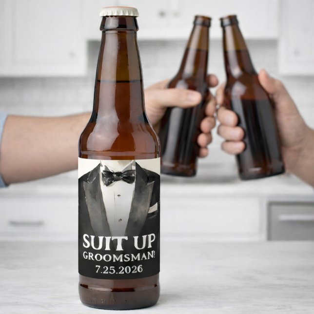 Étiquette Pour Bouteilles De Bière Black Suit Groomsman Proposition Bière Étiquette S (Créateur téléchargé)