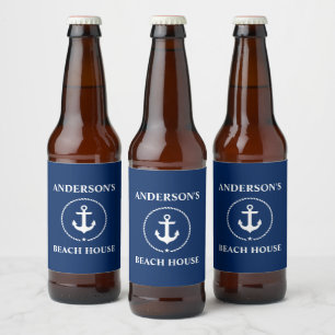Étiquette Pour Bouteilles De Bière Bleu marine nautique d'Ancre de nom de Chambre de