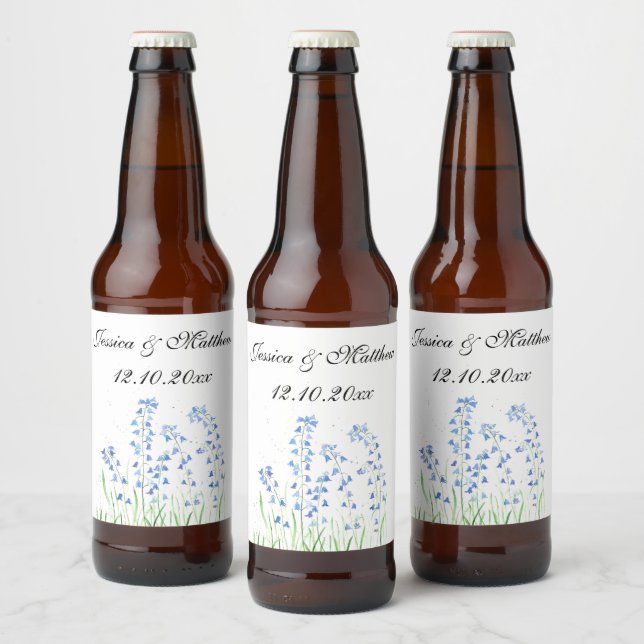 Étiquette Pour Bouteilles De Bière Bluebells Bleu floral Aquarelle nature Mariage (Bouteilles)